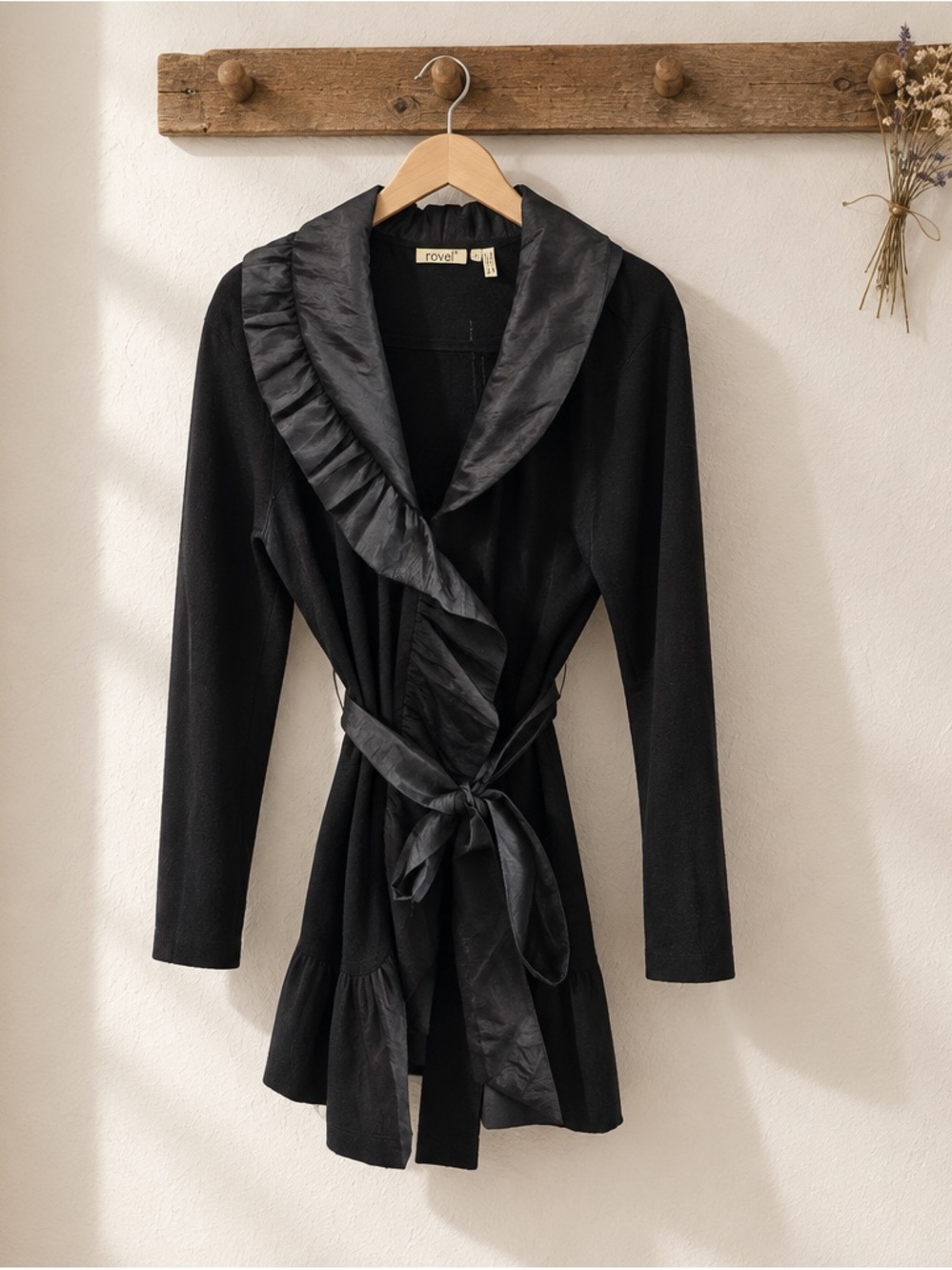 ravel Black Ruffle-Trim Wrap Trench Coat